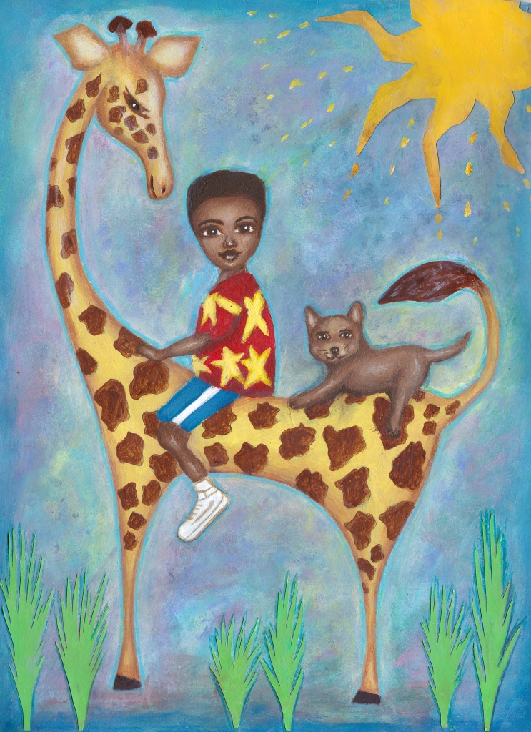 boy rifding on giraffe painting art joanne seale